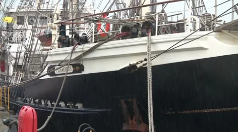 Close up of old sailing boat in the rain HD Stock Footage 7139262
