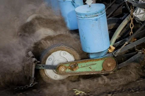 Close Up old seeder part in work Foto stock