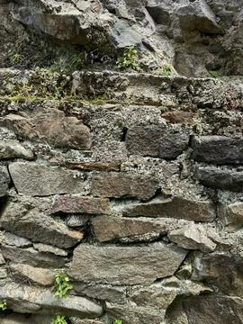 Close-up of an old stone wall with cracks, moss, and small plants Stock Photos