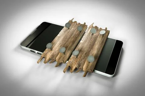 Close up of old texture wood planks nailed on the smartphone or mobile phone. Stock Illustration