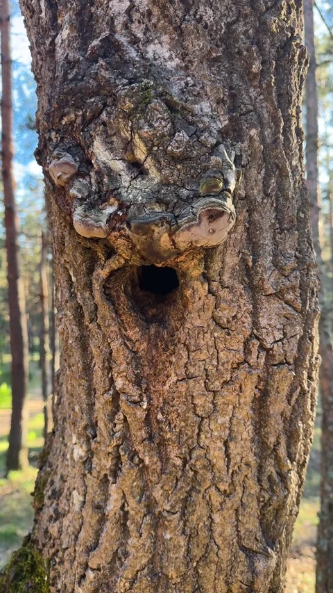 Close-up of an old tree trunk with a hollow for a forest animal or bird Stock Footage 334628750