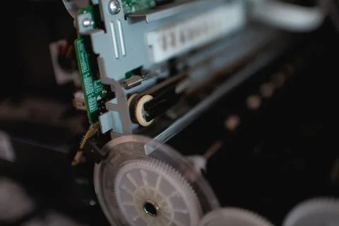 Close up of old typewriter printer is being repaired. It involves disassembli Stock Photos
