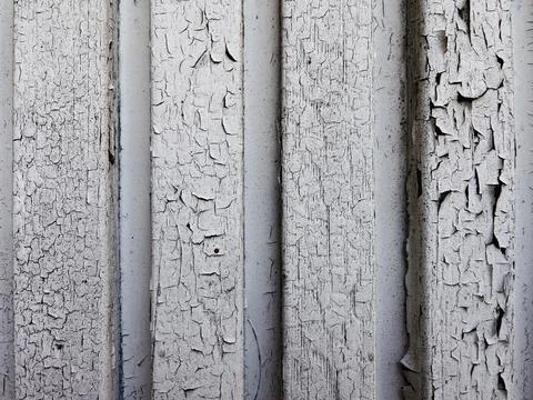 Close up old wooden white colored plank wall rough texture for design Stock Photos