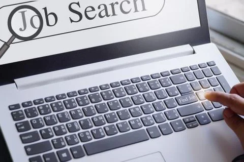 Close-up Online Job search on compute notebook screen for new job vacancies Stock Photos
