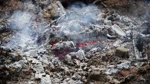 Close-up, open air fire pit with embers and ashes, North Carolina Stock Footage 140411021
