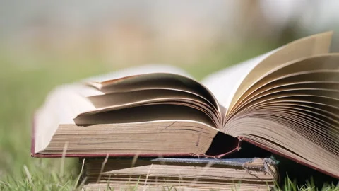 Close up Open book in the grass on the field in nature summer season Video stock 156041770