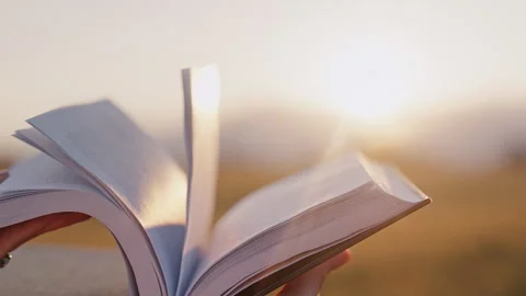 Close-up of an open book. Pages turn in evening sunlight. Paper texture, reading Stock Footage 337674409