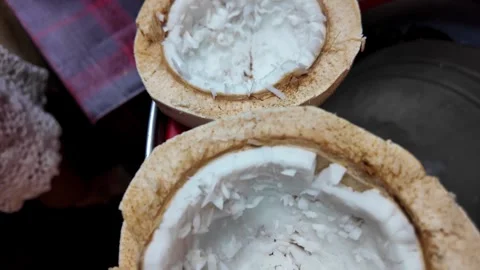 Close Up of Open Fresh Coconuts with Natural Coconut Flesh at Tropical Market 스톡 동영상 337227568