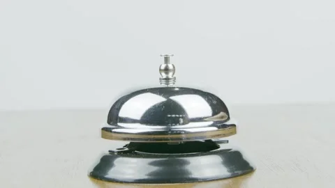 Close Up Open Hand and All Finger Pressing Bell on The Table or Desk Stock Footage 300486267