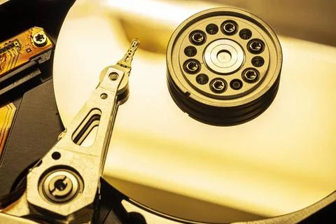  Close-up of an open hard disk drive, revealing its internal components Ha... Stock Photos
