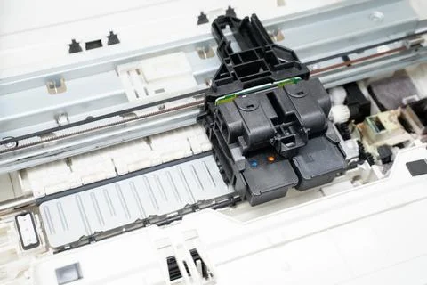 Close-up open inkjet printer showing the printhead and cartridge assembly on  Stock Photos