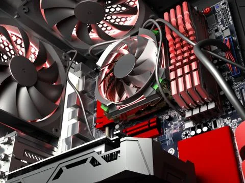 Close up of open PC case with internal parts motherboard cooler video card po Stock Illustration
