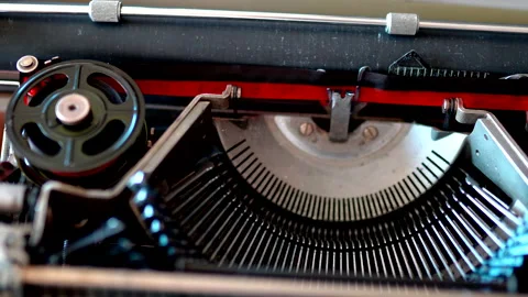 Close-up of open typewriter machine from inside, vintage carriage and typebars Stock Footage 147616155