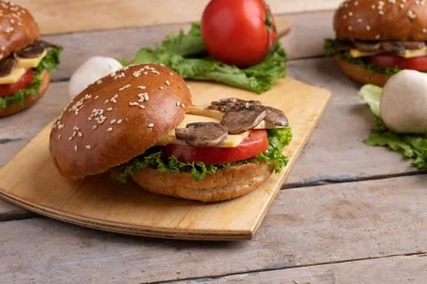 Close-up of opened burger, ready meal to eat Stock Photos
