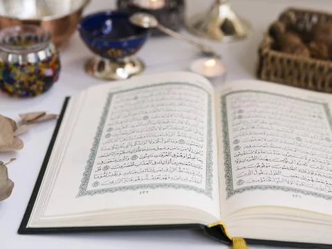 Close up opened quran table. High quality photo Stock Photos