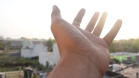 Close-up of opening the hand with the sun shining over the palm. Stock Footage 158826464