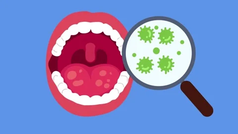 Close up oral cavity under magnifier with bacteria motion Stock Footage 336159864