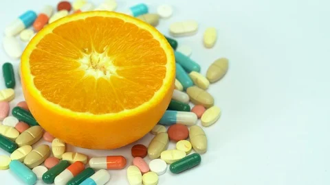 Close up of orange fruit and pills isolated - vitamin concept Stock Footage 88468154