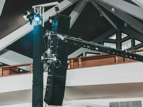 Close up of orange stage spotlight at an E-sport competition event installed  Stock Photos