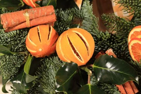 Close up of an oranges and cinnamon wreath Stock Photos