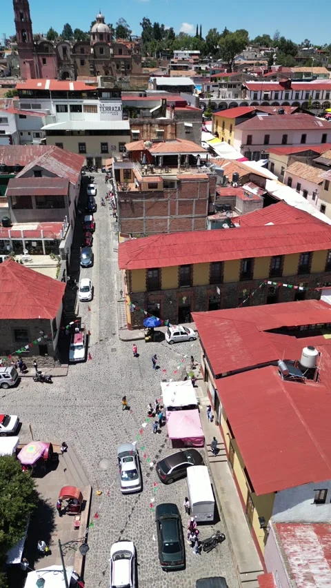 Close orbit around church domes above a red roofed town Stock Footage 346015634