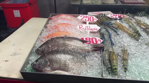 Close up orbiting shot of fresh tilapia and large prawns displayed on crushed 스톡 동영상 332622002