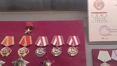 Close-up of Order of Lenin and Soviet Medals at Victory Museum Stock Footage 343632580
