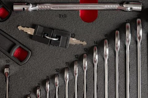 Close-up of organized wrench set inside tool drawer Stock Photos