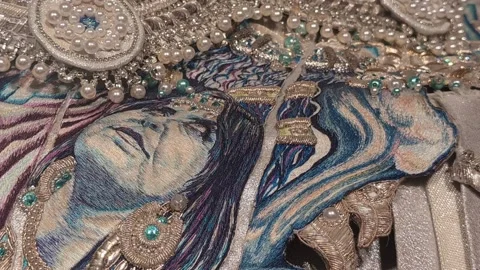Close Up of Ornate Embroidered Textile Artwork Stock Footage 337704544