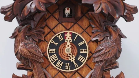 A Close Up of an Ornate Swiss Cuckoo Clock Striking 5 O'clock Video stock 129168030