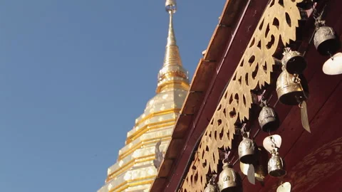 Close-Up of Ornate Thai Temple Prayer Bells in Monastery Setting Stock-Footage 333705195
