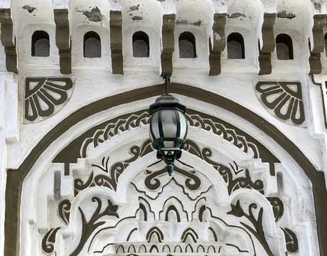 Close up ornately patterned white and brown wall, Chefchauen, Morocco Stock Photos