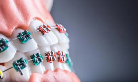 Close-up of a orthodontic model jaws and teeth with braces Stock Photos
