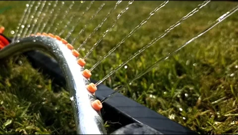 Close up of an oscillating lawn sprinkler spraying water on fresh green grass Stock Footage 339171816