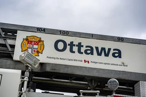 Close up of Ottawa Fire Services ladder truck branding. Ottawa, Canada - June 24 Stock Photos