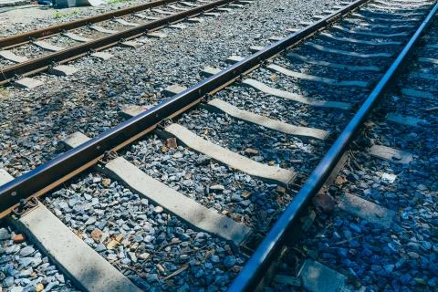 Close-up of outdoor railway tracks and gravel Stock Photos