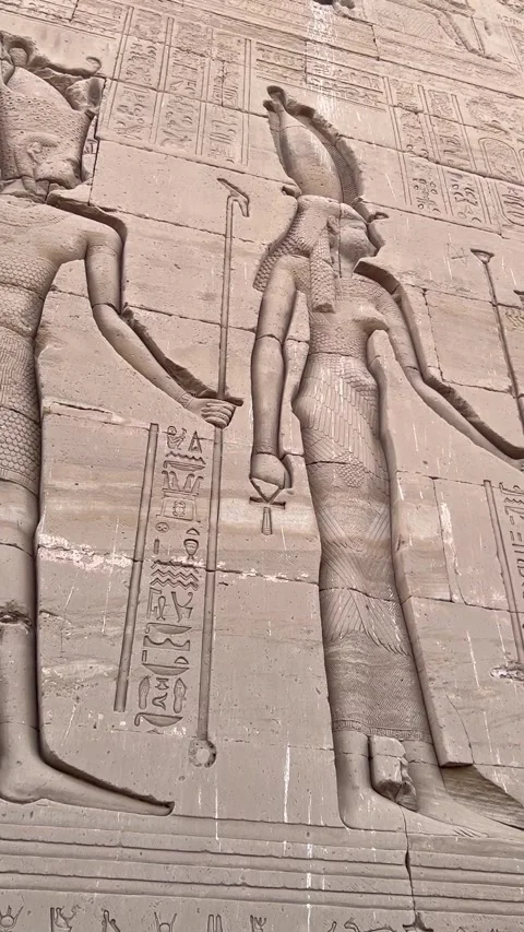 Close-up of the outer wall facade of the Temple of Hathor at Dendera, Egypt Video stock 329227371