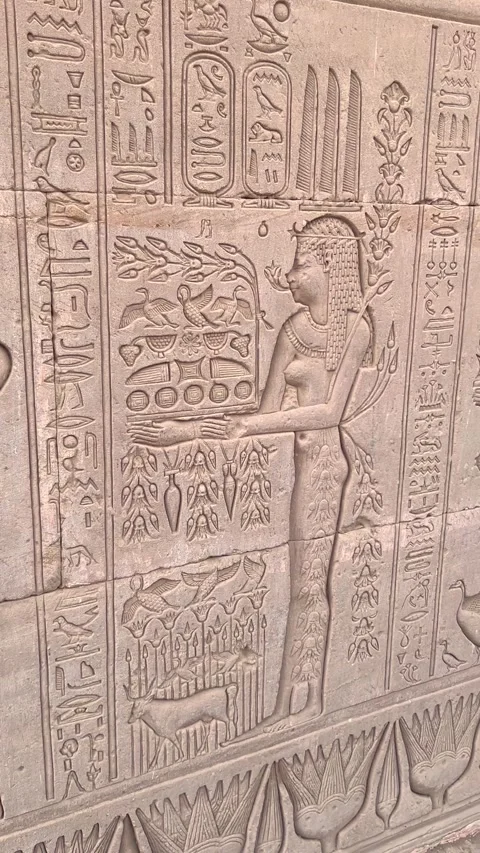 Close-up of the outer wall facade of the Temple of Hathor at Dendera, Egypt Video stock 330179398