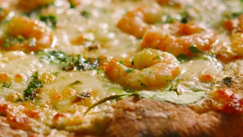 Close-up over King Prawn Pizza with Mozzarella Cheese and Tomato Base. Stock Footage 342273696