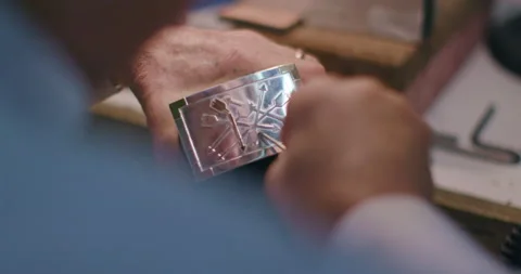 Close up over the shoulder shot of a professional jeweler making a belt buckle Stock Footage 137268002