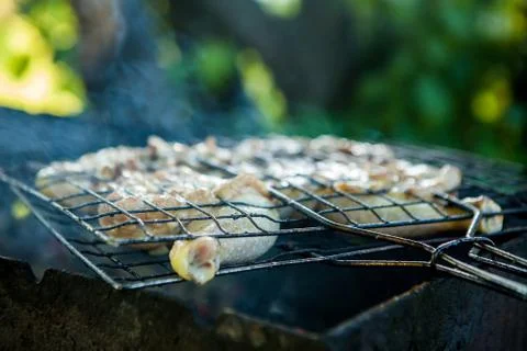 Close-up Overhead View On Two Tasty Roast And Smoked Chicken Quarters On The Hot Foto stock