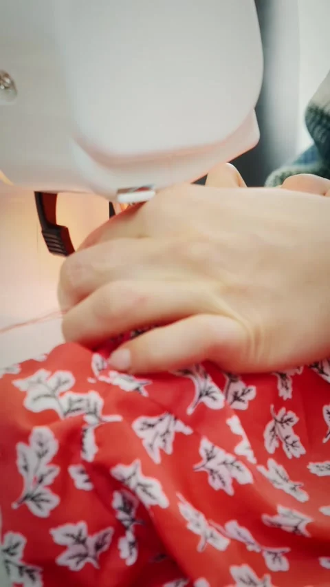 Close up of of overlock machine with fabric and woman's hands. Vertical video Stock Footage 318167777