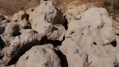 Close up overview of dry soil and low waterline of a fresh water lake bed, Stock Footage 118750376