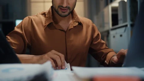 Close up overworked businessman working late at office night. Stock Footage 340971158