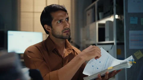 Close up overworked businessman working late at office night. Stock Footage 340971225