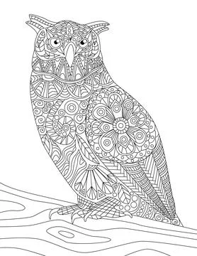Close Up Owl Standing On A Branch Looking Side Colorless Line Drawing. Nightowl Stock Illustration