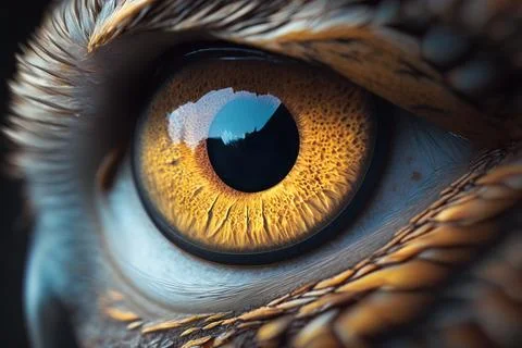 A close up of an owl's eye with a reflection of the sky in it realistic eye.. Stock Illustration