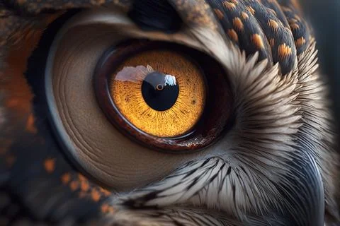 A close up of an owl's eye with a yellow iris and black spots realistic eye.. Stock Illustration