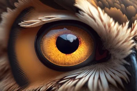 A close up of an owl's eye with a yellow iris and brown feathers realistic .. Illustration