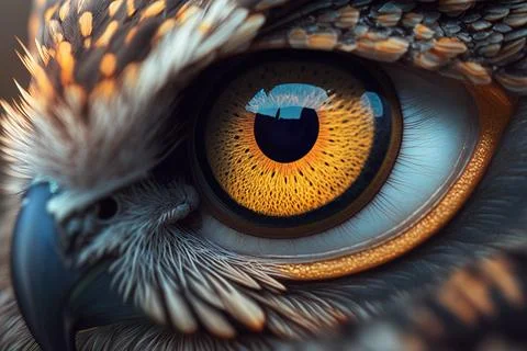 A close up of an owl's eye with a yellow iris and brown feathers realistic .. Illustrazione stock